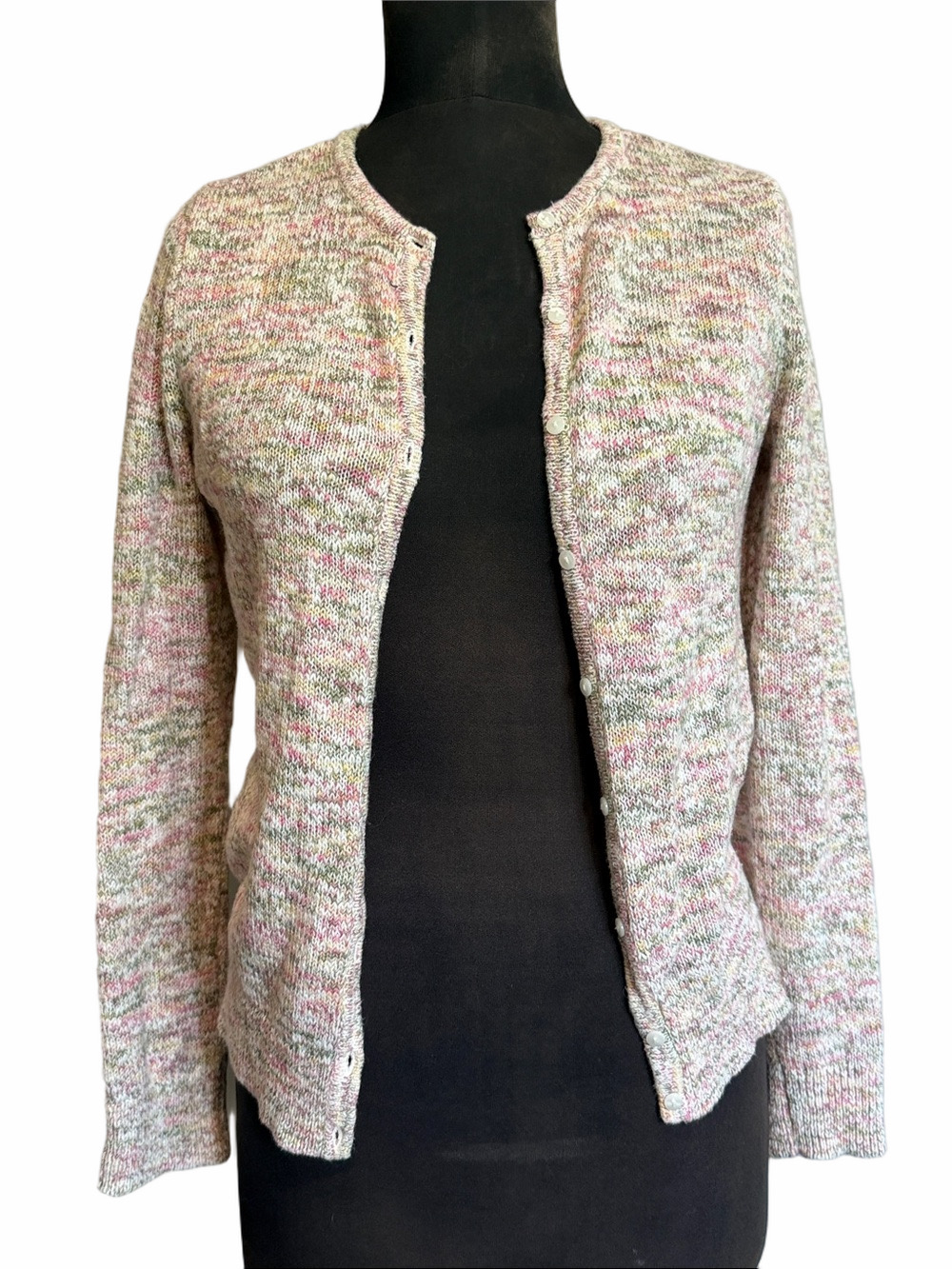 LOFT Multicolor Knit Cardigan in Pink and Cream, Button Front, Size M